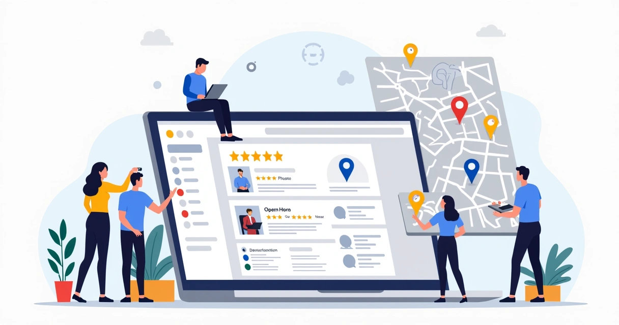 Painel do Google Meu Negócio com assistência técnica em destaque em um mapa
