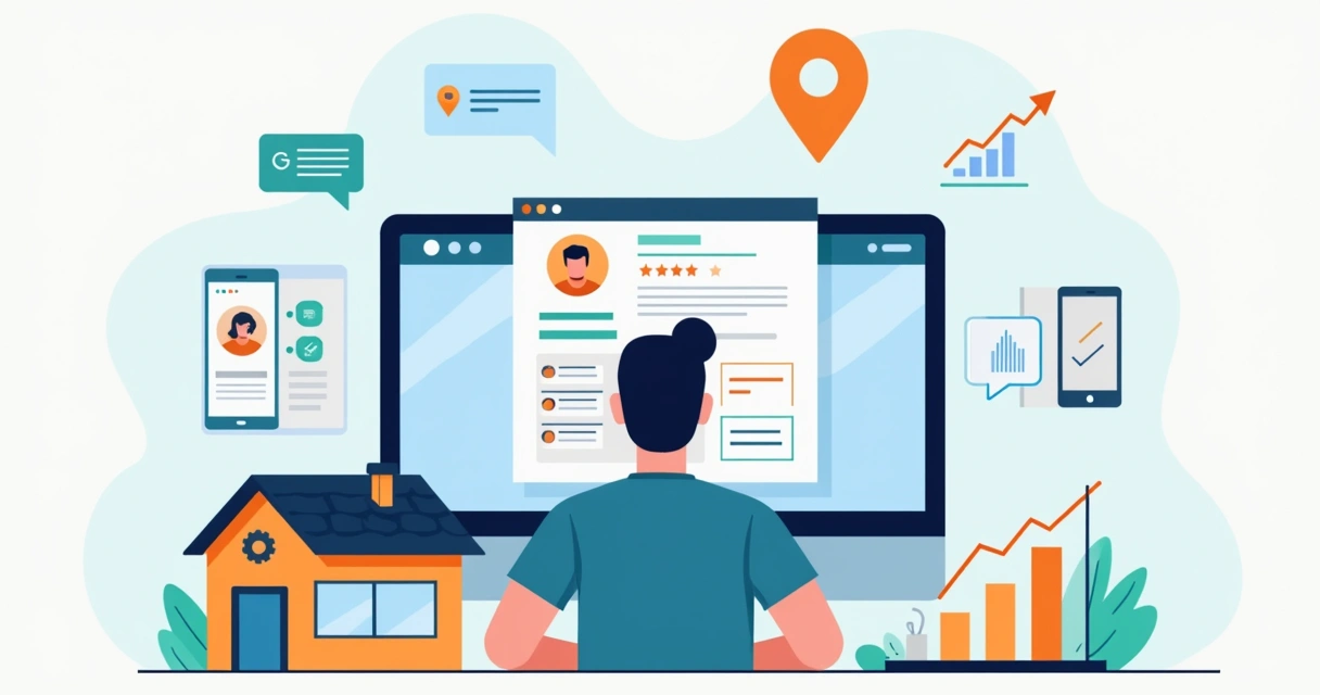 Ilustração de assistente técnico gerenciando perfil do Google Meu Negócio no computador