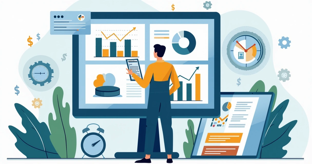 Ilustração corporativa de painel financeiro com gráficos e ícones de assistência técnica