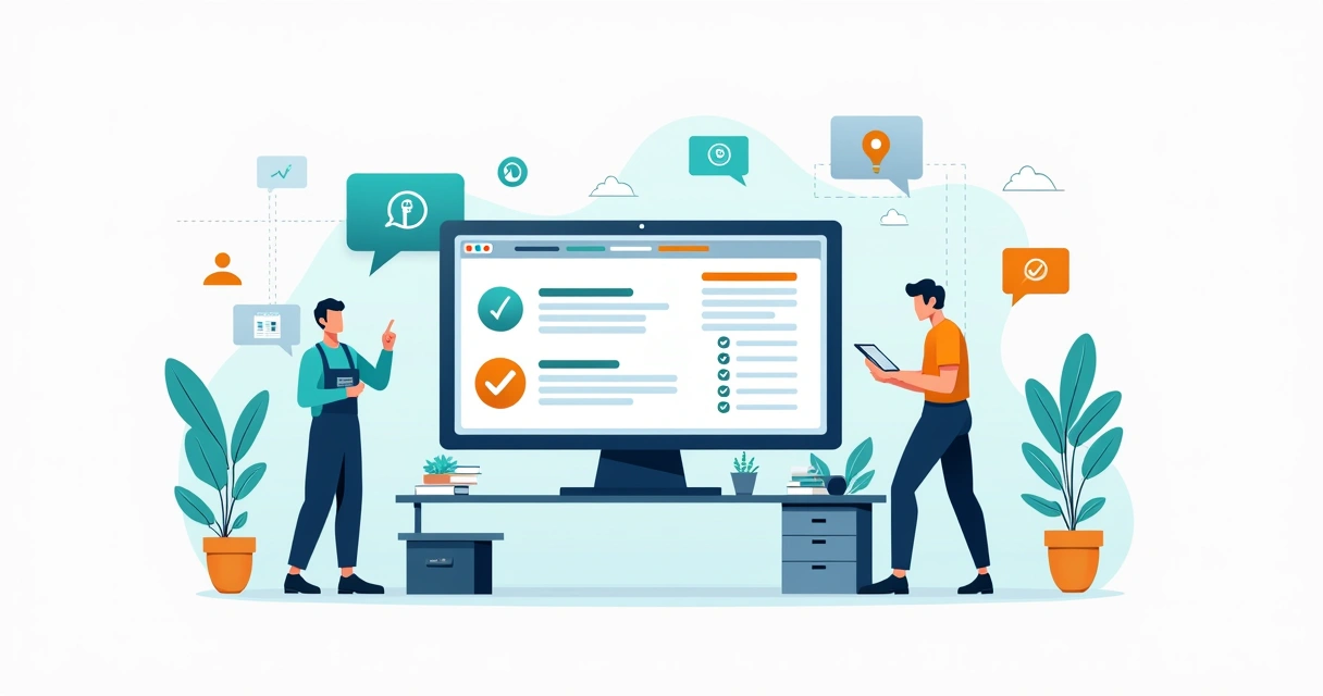 Ilustração de técnico e gestora analisando modelo digital de ordem de serviço em tela de computador