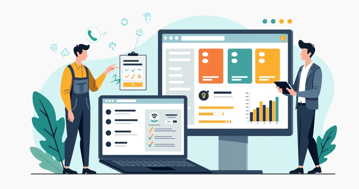 Ilustração de técnico e gestora acompanhando ordem de serviço digital em painel com checklists