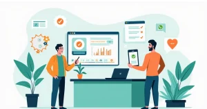 Ilustração de pós-venda organizado em assistência técnica com cliente satisfeito